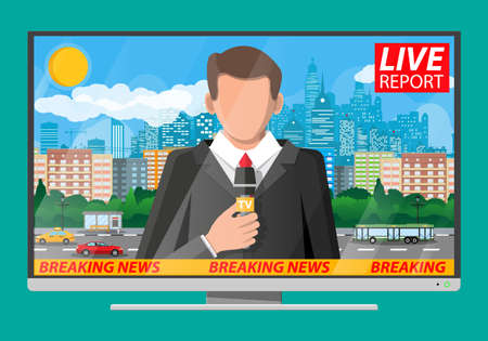 News announcer in the studio. Cityscape with buildings, clouds, sky, sun. Journalism, live report, breaking hot news, television and radio casts concept. Vector illustration in flat styleのイラスト素材