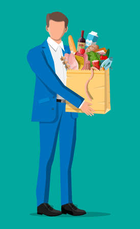 Man with shopping bag full of fresh products. Grocery store supermarket. Food and drinks. Milk, vegetables, meat, chicken cheese, sausages, salad, bread cereal steak egg. Flat vector illustrationのイラスト素材