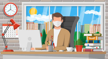 Freelancer or remote worker on quarantine. Man in medical mask working on his computer at desktop. Office personal work at home to avoid disease of coronavirus covid-19 ncov. Flat vector illustrationのイラスト素材