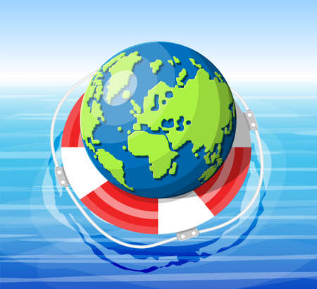 Planet earth getting lifebuoy ring. Save the world concept. Respect for nature and environment. Protecting globe. Cartography and geography, globe. Flat vector illustrationのイラスト素材