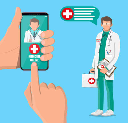 Mobile phone with telemedicine app. Pills and bottles, medicine online. Medical assistance, help, support. Doctor with first aid kit. Health care application on smartphone. Flat vector illustrationのイラスト素材
