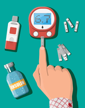 Testing blood glucose concept. Glucometer, test strips in hand. Test equipment and medicine. Healthcare, hospital and medical diagnostics. Urgency services. Flat vector illustrationのイラスト素材