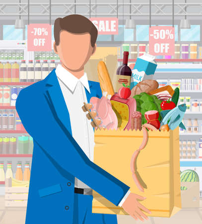 Supermarket store interior with goods. Big shopping mall. Interior store inside. Customer with bag full of food. Grocery, drinks, fruits, dairy products. Vector illustration in flat styleのイラスト素材
