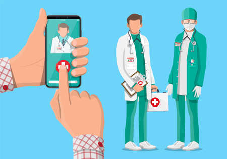 Mobile phone with telemedicine app. Pills and bottles, medicine online. Medical assistance, help,...