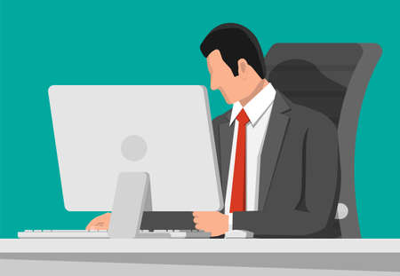 Businessman at work. Office desk with computer screen and chair. Business man in suit. Modern business workplace. Home workspace table. Flat vector illustrationのイラスト素材