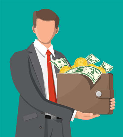 Businessman holding leather wallet full of gold coins, dollar banknotes. Business man with money purse. Growth, income, savings, investment. Symbol of wealth business success. Flat vector illustrationのイラスト素材