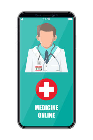 Mobile phone with internet pharmacy shopping app. Pills and bottles, medicine online. Medical assistance, help, support online. Health care application on smartphone. Vector illustration in flat styleのイラスト素材