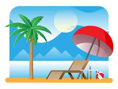Landscape of chaise lounge or sunlounger, palm tree on beach. Umbrella and table with glass. Sun...