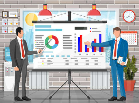 Office building interior. Projector screen, lamp. Window with cityscape. Modern business workspace. Tree, clocks, calendar water cooler. Modern business workplace. Flat vector illustrationのイラスト素材