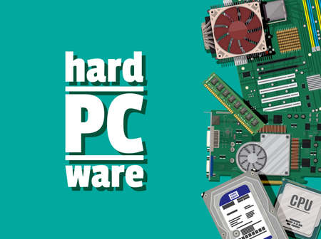 Motherboard, hard drive, cpu, fan, graphic card, memory. Set of personal computer hardware. PC...