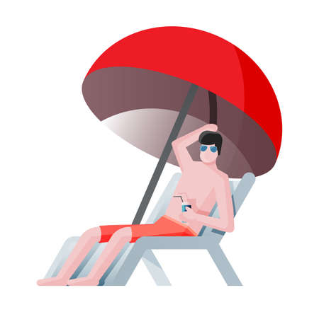 Male sitting in sunbed under umbrella. Man on vacation concept. Gay taking sunbath on beach with cocktail in hand. Isolated flat vector illustrationのイラスト素材