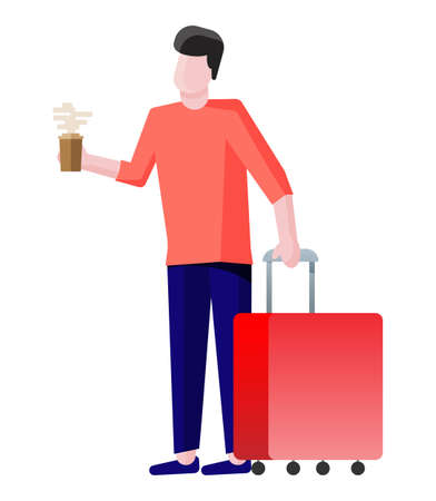 Man with travel bag. Tourist with suitcase and glass of coffee goes to airport. Isolated flat vector illustrationのイラスト素材