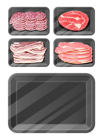 Meat sausage slice steak in black polystyrene packaging. Cut sausage slices with fat. Boiled smoked meat bacon ham. Gastronomic product of beef pork chicken. Pepperoni salami. Flat vector illustrationのイラスト素材
