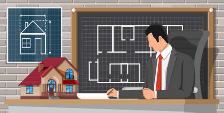 Architect create building project in office interior. House construction and development. Developer, house model and blueprint drawing. Mortgage, real estate property and investment. Flat style vectorのイラスト素材