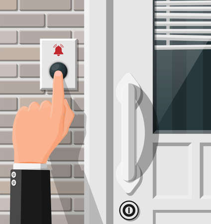 Hand push the bell button at the front door. Finger presses the doorbell switch. Person rings in the apartment. Flat vector illustrationのイラスト素材