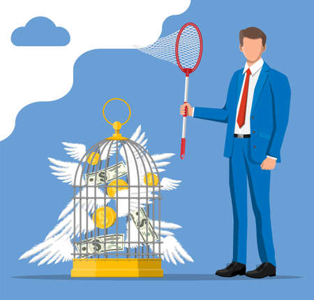 Businessman with butterfly net and cage chasing money. Dollar banknotes and gold coins with wings in birdcage. Concept of success career growth. Achievement and goal. Flat vector illustrationのイラスト素材