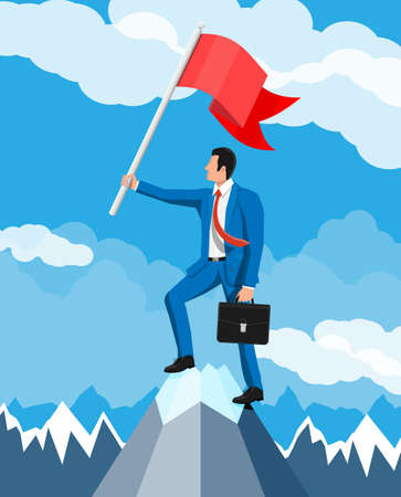 Businessman standing on top of mountain with flag. Symbol of victory, successful mission, goal and achievement. Trials and testing. Win, business success. Flat vector illustrationのイラスト素材