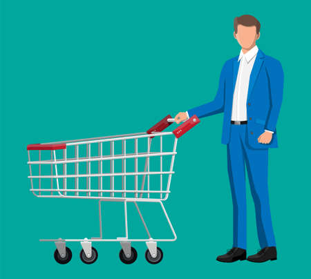 Customer with empty supermarket shopping cart isolated on white background. Metal shop trolley on wheels. Vector illustration in flat styleのイラスト素材