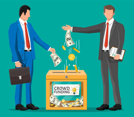 Business people near donation box and money. Funding project by raising monetary contributions from...