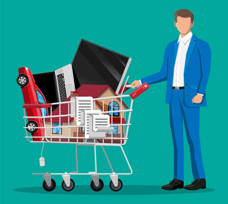 Customer with full supermarket shopping cart isolated on green background. Metal shop trolley on wheels with house building, car, laptop, tv and receipt check. Vector illustration in flat styleのイラスト素材