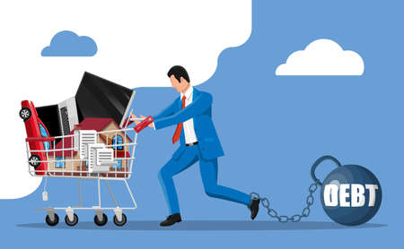 Businessman chained to big heavy debt weight with shackles, pulling shopping cart with with house building, car, laptop, tv, receipt check. Tax, debt, fee, crisis, bankruptcy. Flat vector illustrationのイラスト素材
