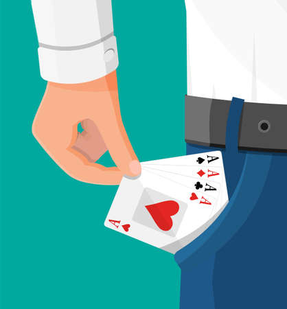 Businessman hides aces playing cards in his pocket. Ace in the pocket. Concept of backup or plan B, second chance. Cheating at play, luck or business success. Flat vector illustrationのイラスト素材