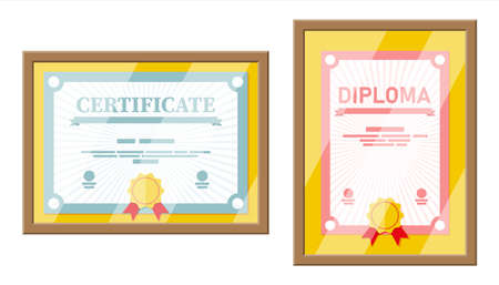 Certificate template in wooden frame. Diploma or accreditation with yellow stamp and red ribbons. Voucher or invitation. Graduation concept. Vector illustration in flat styleのイラスト素材
