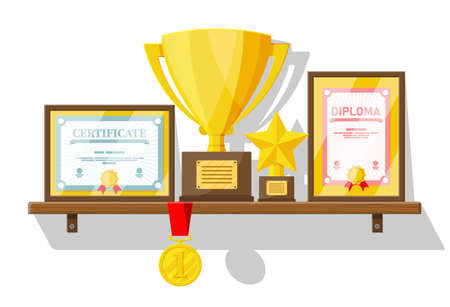 Trophy and awards collection on wooden shelf. Diploma and certificate in frames. Competition prizes, cups and medals. Award, victory, goal, champion achievement. Vector illustration in flat styleのイラスト素材