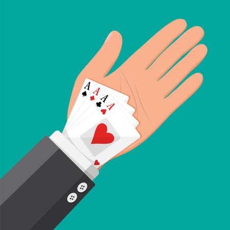 Businessman hides aces playing cards in his sleeve. Ace in the pocket. Concept of backup or plan B, second chance. Cheating at play, luck or business success. Flat vector illustrationのイラスト素材