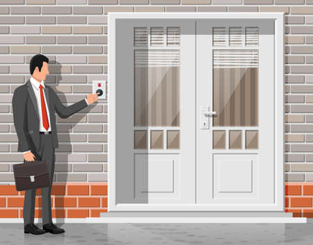Businessman in suit with briefcase push bell button at the front door. Finger presses the doorbell switch. Person rings in apartment. Invitation to enter or new opportunity.のイラスト素材