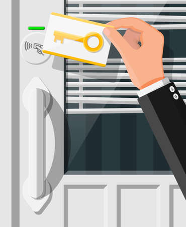 Wireless key card in human hand with guest room door handle sensor. Concept of access identification. Access control machine. Proximity card reader.のイラスト素材