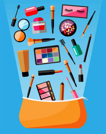 Makeup collection in bag. Set of decorative cosmetics. Make-up store. Various brushes, perfume, mascara, gloss, powder, lipstick and blush. Beauty and fashion. Cartoon flat vector illustrationのイラスト素材