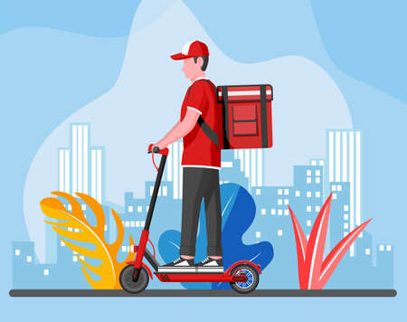 Delivery man riding kick scooter with the box. Concept of fast delivery in the city. Male courier with parcel box on his back with goods and products. Cityscape background. Flat vector illustrationのイラスト素材