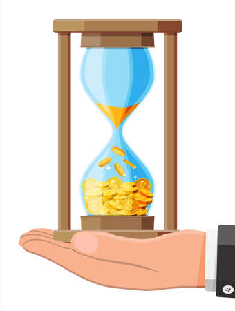 Money in hourglass clock in hand. Return on investment, gold coin increasing chart. Growth, income, savings, investment. Symbol of wealth. Business success. Flat style vector illustration.のイラスト素材