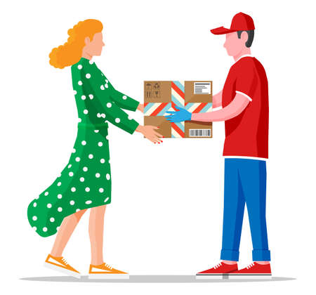 Woman receive cardboard box from man. Courier character holds parcel in his hands. Carton delivery packaging closed box with fragile signs. Free and fast shipping. Vector illustration in flat styleのイラスト素材