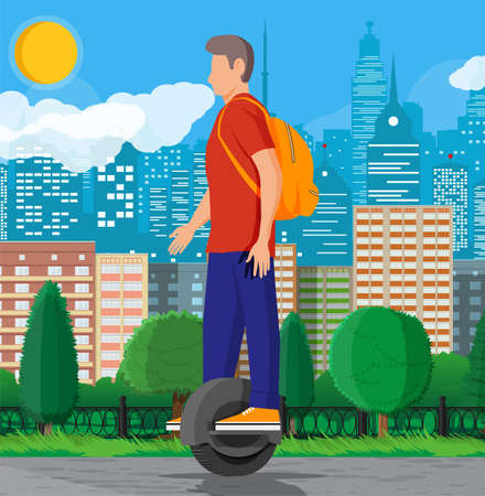 Guy on monocycle wheel. Man with backpack riding electric self balancing scooter. Hipster character uses modern urban transport. Ecological, convenient city transportation. Flat vector illustrationのイラスト素材