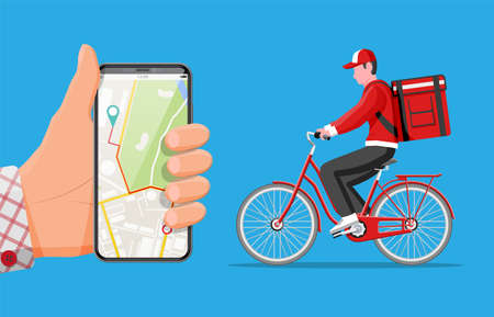 Smartphone with app and man riding bicycle with the box. Concept of fast delivery in the city. Male courier with parcel box on his back with goods and products. Cartoon flat vector illustrationのイラスト素材