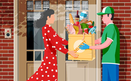 Courier delivered package of groceries to customer. Food delivery service concept. Delivery man give ordered products to woman at house door. Online supermarket internet shop. Flat vector illustrationのイラスト素材