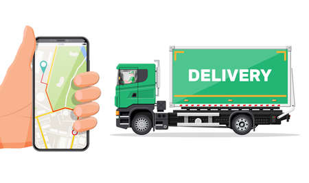 Red delivery van and smartphone with navigation app. Express delivering services commercial truck....