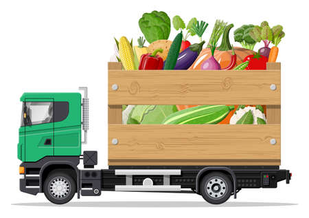 Truck car full of vegetables products. Shop and farm delivering service, fresh veggies. Delivery and selling natural vegan farm food concept. Cargo and logistic. Cartoon flat vector illustrationのイラスト素材