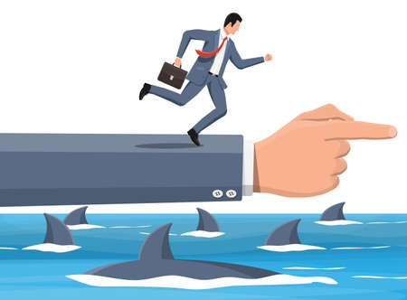 Businessman running on hand over shark in water. Business man in suit jump between gap. Obstacle on road, financial crisis. Team work, cooperation. Risk management challenge. Flat vector illustrationのイラスト素材