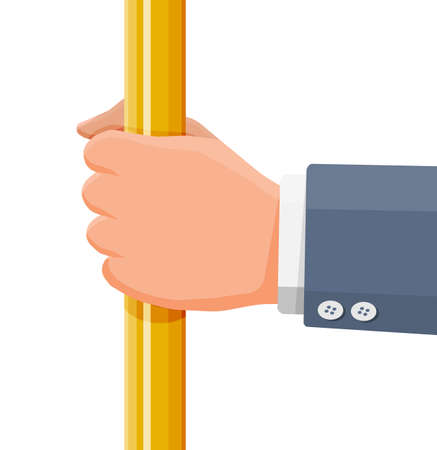 Hand holding the handrail in transport. Handles for safety transportations of passengers in bus, metro, train. Straight yellow handle and hand isolated on white. Cartoon flat vector illustrationのイラスト素材