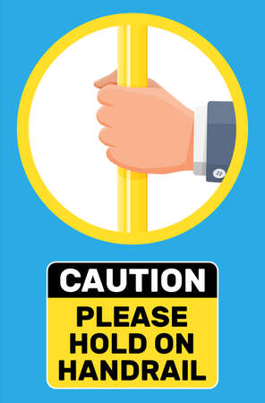 Hand holding the handrail in transport. Handles for safety transportations of passengers in bus, metro, train. Straight yellow handle and hand isolated on white. Cartoon flat vector illustrationのイラスト素材