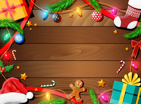 Christmas greeting card background. Gift boxes, candycane, holly, sock, hat, gingerbread man, ball fur branches. Wishes presents xmas new year eve. Vector illustration flat styleのイラスト素材