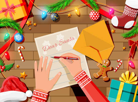 Letter with wishes to santa claus. Wooden desk candycane, envelope, fur branches, holly, stocking, hat, gingerbread man. Christmas new year eve xmas holidays. Vector illustration flat styleのイラスト素材