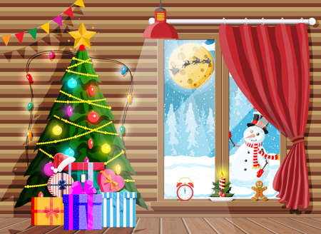 Cozy interior of room with christmas tree. Happy new year decoration. Merry christmas holiday. New year and xmas celebration. Winter landscape, snow, village. Cartoon flat vector illustration.のイラスト素材