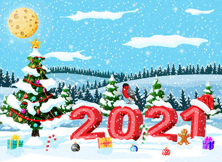 Merry Christmas and New Year holiday greeting xmas card with 2021 bold letters. Santa claus hat, gift box, candycane, glass ball and gingerbread man. Bullfinch winter bird. Flat vector illustrationのイラスト素材