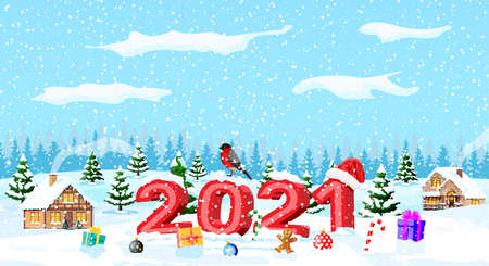 Merry Christmas and New Year holiday greeting xmas card with 2021 bold letters. Santa claus hat, gift box, candycane, glass ball and gingerbread man. Bullfinch winter bird. Flat vector illustrationのイラスト素材
