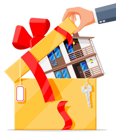 Suburban family house in gift box with key, ribbon and bow. Countryside wooden house building present icon. Real estate and rent. Cartoon vector illustration in flat styleのイラスト素材