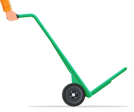 Empty barrow isolated on white. Metallic two wheeled trolley. Hand truck dolly icon. Transportation of goods, warehouse equipment. Cartoon flat vector illustrationのイラスト素材